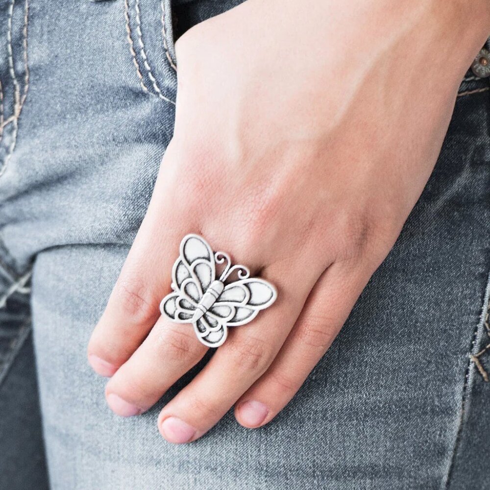 Paparazzi Jewelry Accessories - Sky High Butterfly - Silver Ring - Vintage